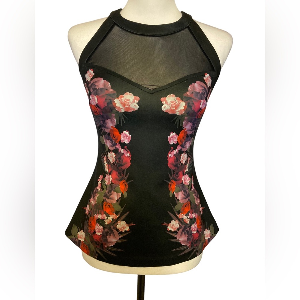 Guess bold floral body-hugging halter top with mesh chest. Gorgeous!